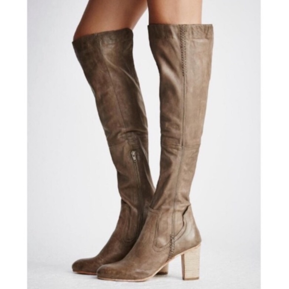 Free People Over-the-Knee Leather Boots in Taupe Brown